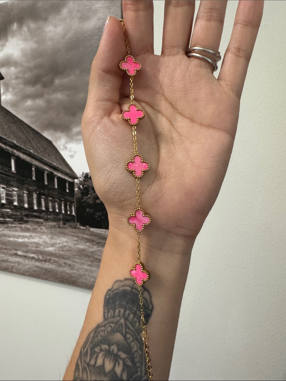 Gold Clover hot pink Enamel Bracelet - Van Cleef Style